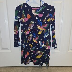 Mini Boden Navy Long-Sleeve Dress with Colorful Owl Print